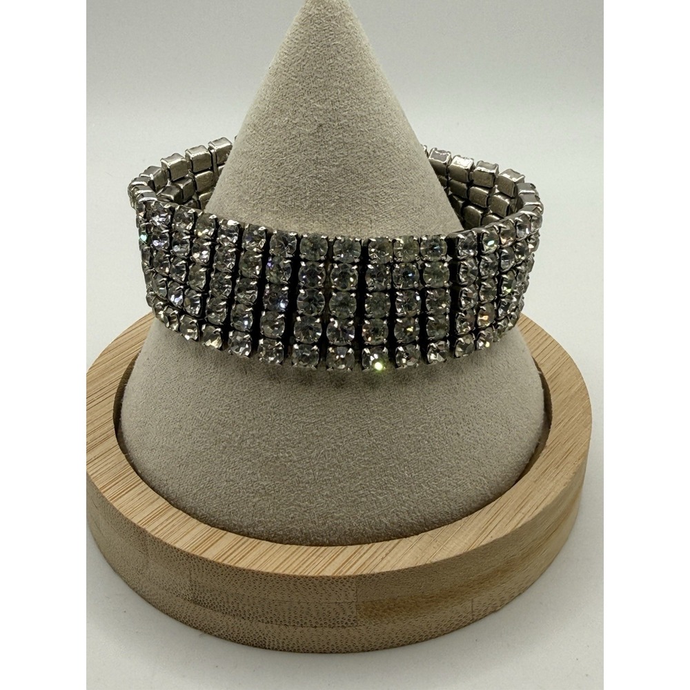 Vintage Rhinestone Bracelet Silver Tone Clear Sparkle Five Rows Insert Lock 6.75